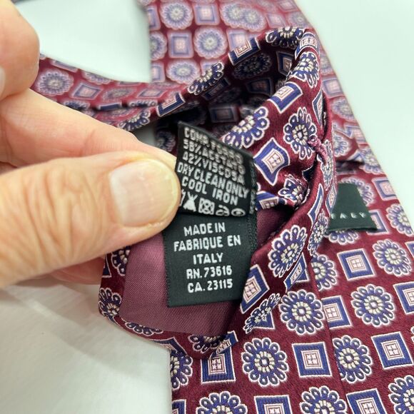 Boss Hugo Boss Wine Red with Pink Blue Floral Geo Print Foulard Print Long Tie - Picture 10 of 12